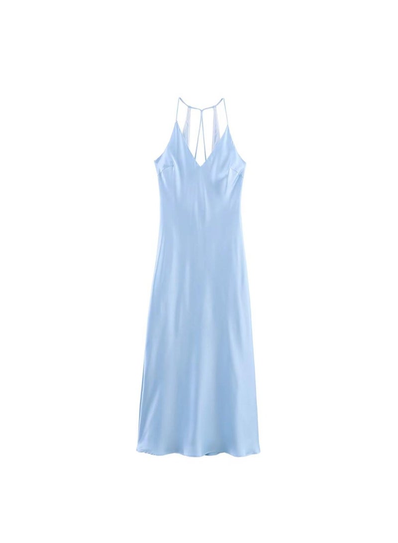 Light Blue Halter Neck Backless Pleated Maxi Dress - Image 2