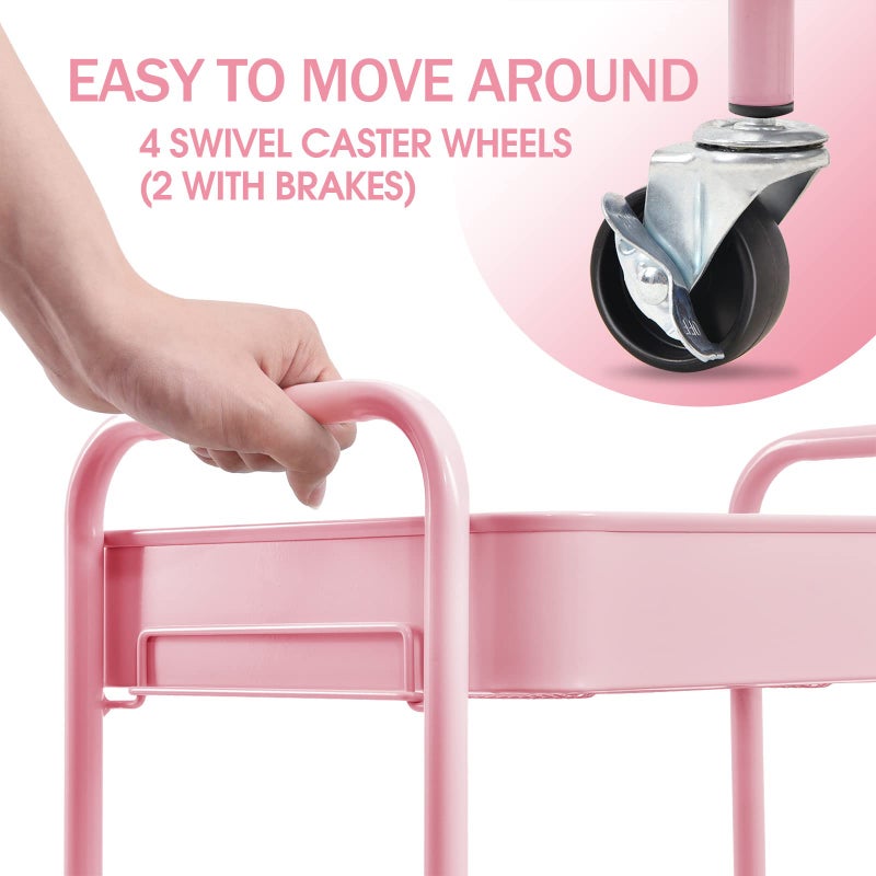 TOOLF 3-Tier Rolling Cart - Metal Utility Storage Organizer with Lockable Wheels, 33 lbs Per Shelf, Tool-Free 5-Min Assembly, for Kitchen Bathroom Office Nursery Craft Room, Pink - Image 4