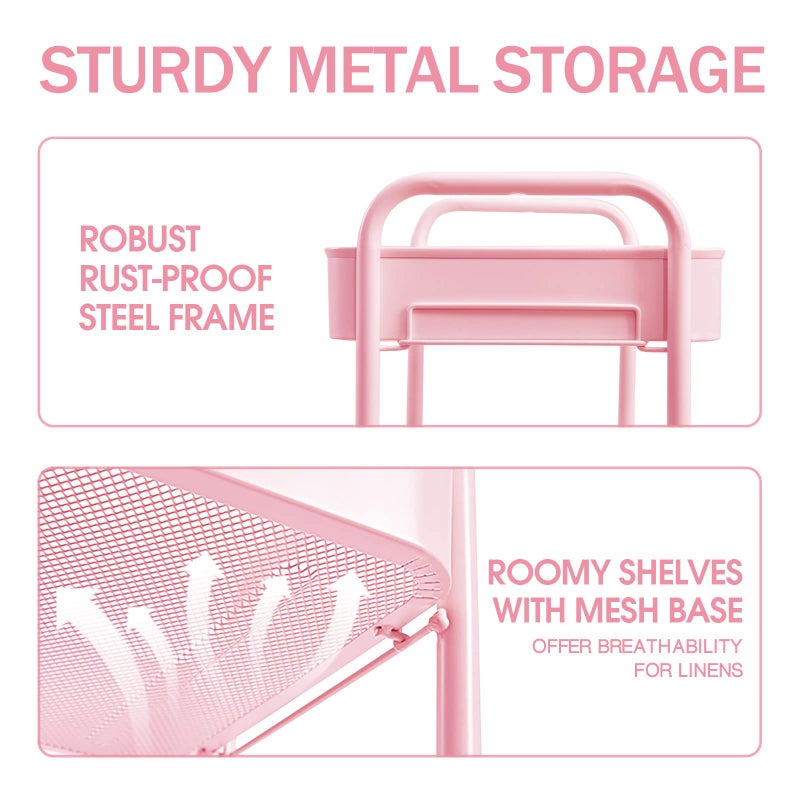 TOOLF 3-Tier Rolling Cart - Metal Utility Storage Organizer with Lockable Wheels, 33 lbs Per Shelf, Tool-Free 5-Min Assembly, for Kitchen Bathroom Office Nursery Craft Room, Pink - Image 2