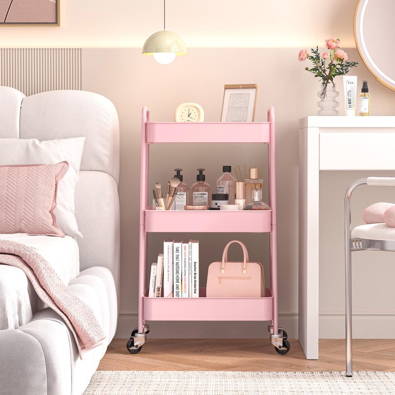 TOOLF 3-Tier Rolling Cart - Metal Utility Storage Organizer with Lockable Wheels, 33 lbs Per Shelf, Tool-Free 5-Min Assembly, for Kitchen Bathroom Office Nursery Craft Room, Pink - Image 5