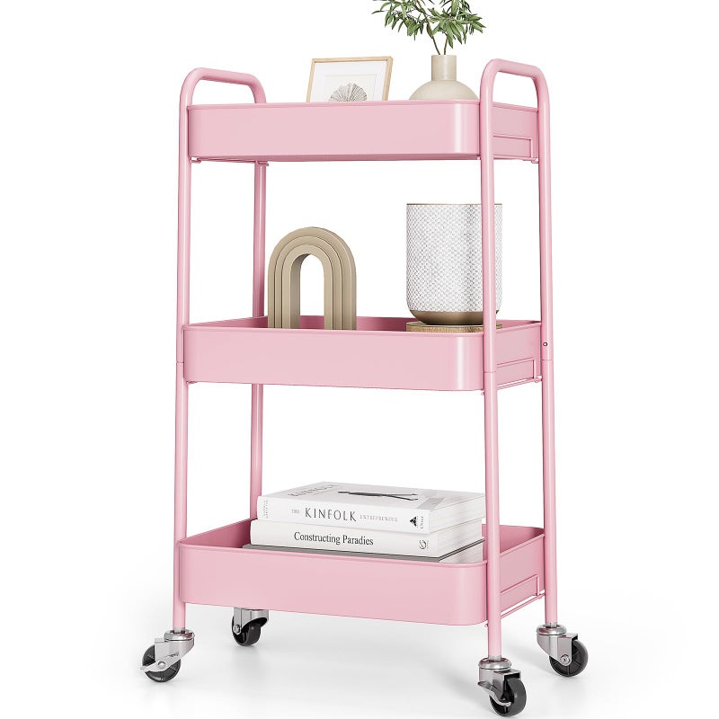 TOOLF 3-Tier Rolling Cart - Metal Utility Storage Organizer with Lockable Wheels, 33 lbs Per Shelf, Tool-Free 5-Min Assembly, for Kitchen Bathroom Office Nursery Craft Room, Pink - Image 1