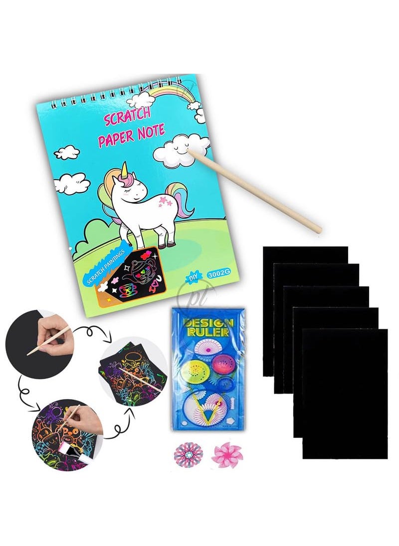 Promote Promote 1 Unicorn Scratch Paper Spiral Notebook A5 Sized with Wooden Scratching Tool and 1 Creative Spiral Ruler Art and Craft Kits for Girls Boys  - Image 1