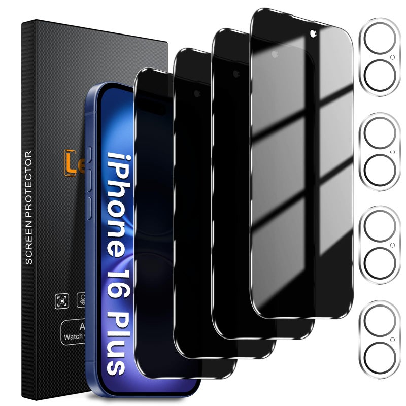 Lesakit 4+4 Pack Privacy Screen Protector for iPhone 16 Plus 6.7-Inch with 4 Pack Camera Lens Protector, Anti Spy Tempered Glass Film 9H Hardness Case Friendly - Image 1