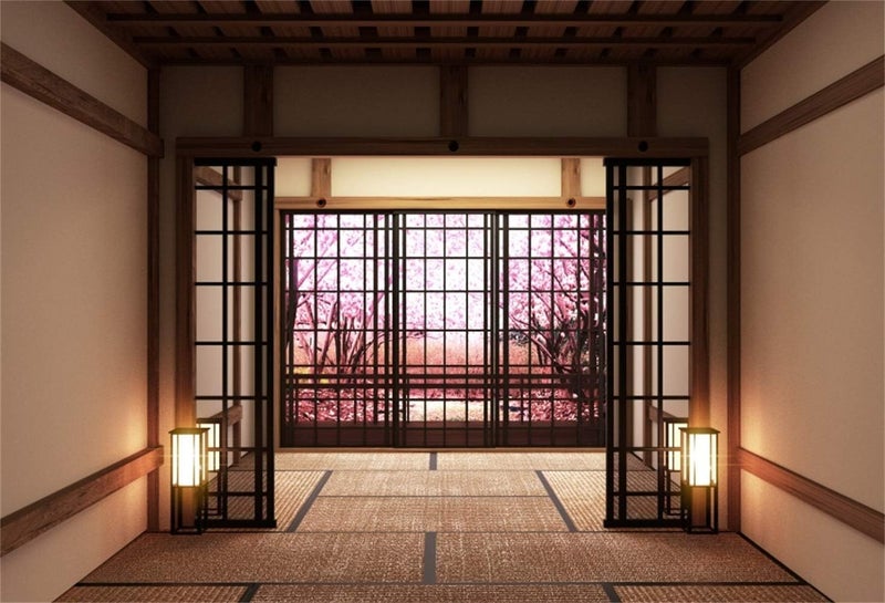 Laeacco 10x8ft Japanese Style Empty Lobby Interior Blooming Trees Vinyl Photography Background Japan Traditional Residence Backdrop Indoor Decoration Wallpaper Studio Photo Props - Image 1