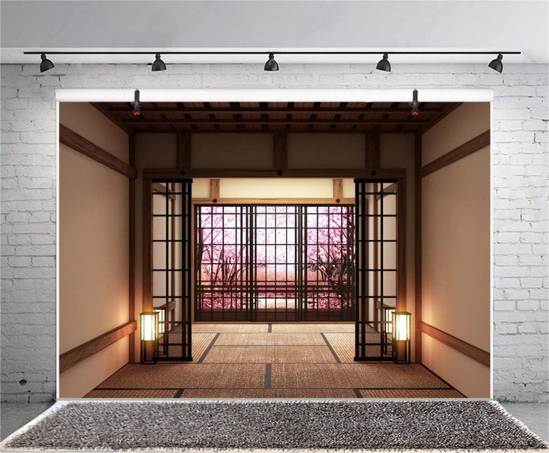 Laeacco 10x8ft Japanese Style Empty Lobby Interior Blooming Trees Vinyl Photography Background Japan Traditional Residence Backdrop Indoor Decoration Wallpaper Studio Photo Props - Image 4