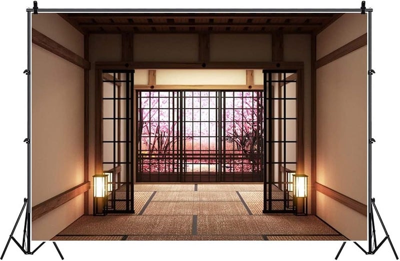 Laeacco 10x8ft Japanese Style Empty Lobby Interior Blooming Trees Vinyl Photography Background Japan Traditional Residence Backdrop Indoor Decoration Wallpaper Studio Photo Props - Image 3