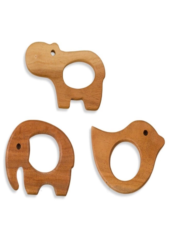 Brainytots Baby Neem Teethers Set - Dove + Elephant + Hippopotamus Shape | Made of Organic Neem Wood | Helps Boost Immunity & Aids in Digestion | Easy to Grasp & Chew | BIS Certified - Image 1