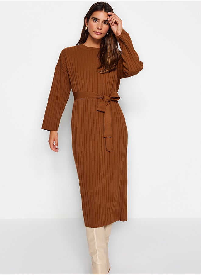 trendyol Brown Belted Rib Knitwear Dress TCTAW24EB00008  - Image 2