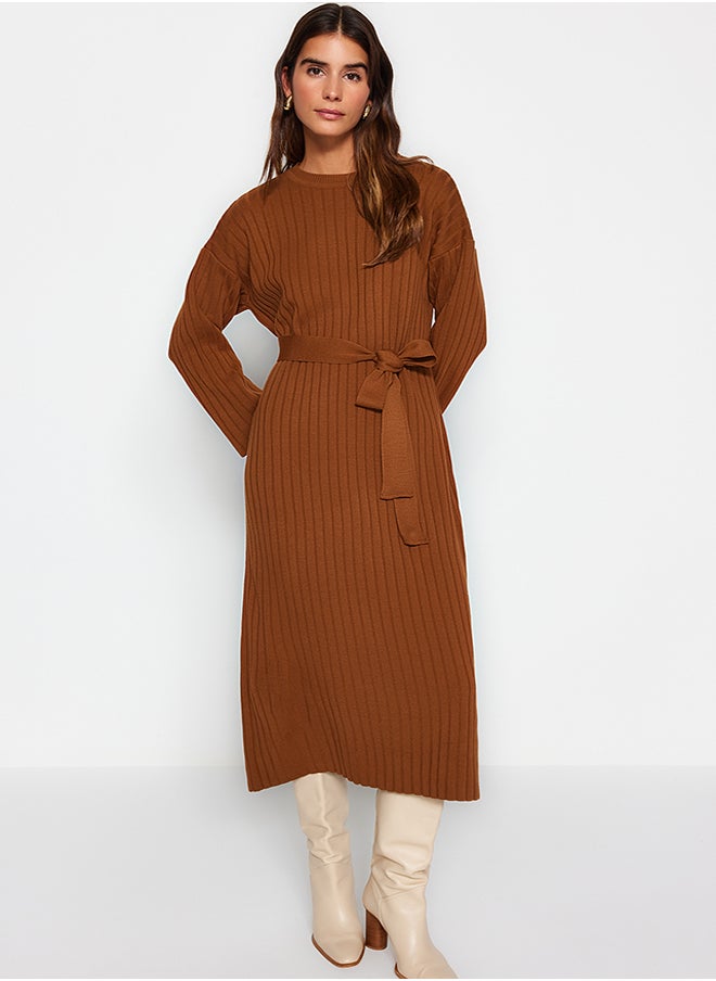 trendyol Brown Belted Rib Knitwear Dress TCTAW24EB00008  - Image 3