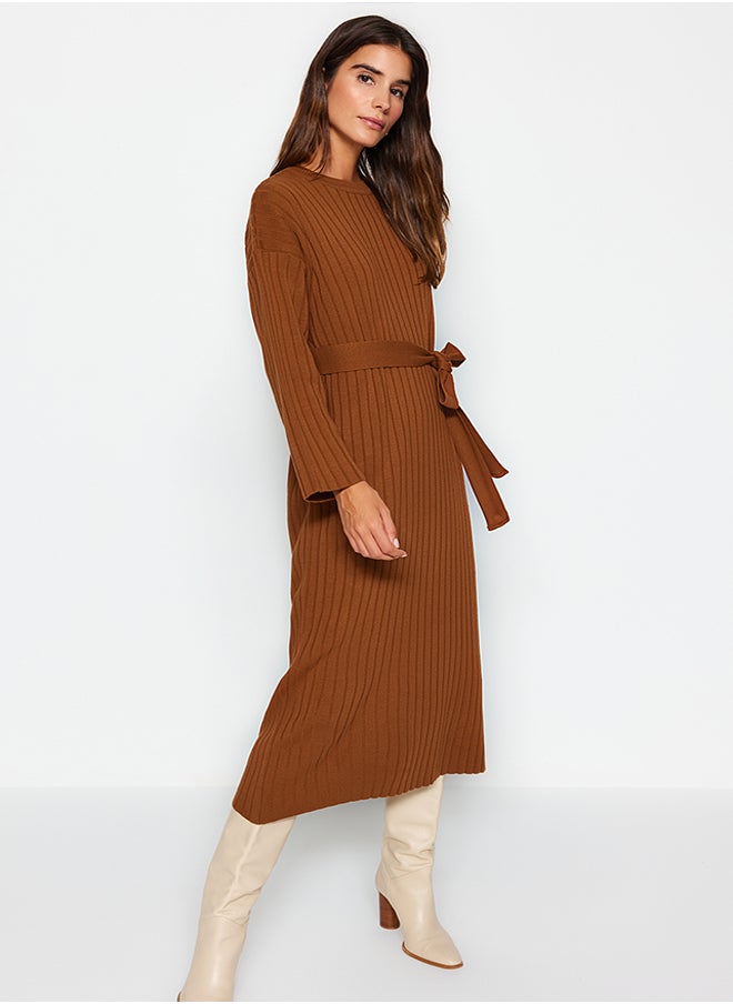 trendyol Brown Belted Rib Knitwear Dress TCTAW24EB00008  - Image 1