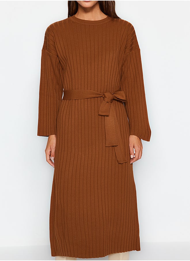 trendyol Brown Belted Rib Knitwear Dress TCTAW24EB00008  - Image 4