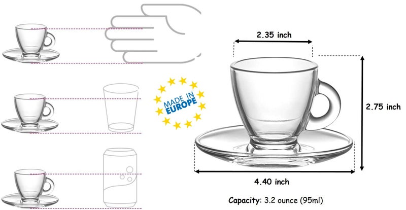 BOHEM'S Espresso Cups, 3.2 oz Small Demitasse Clear Glass Espresso Drinkware, Set Of 6, Cups and Saucers, Espresso Shot Glasses, Clear Expresso Coffee Cups, Tazas de Cafe Expreso - Image 4