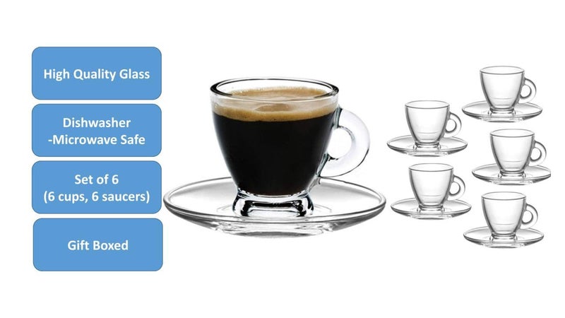 BOHEM'S Espresso Cups, 3.2 oz Small Demitasse Clear Glass Espresso Drinkware, Set Of 6, Cups and Saucers, Espresso Shot Glasses, Clear Expresso Coffee Cups, Tazas de Cafe Expreso - Image 5