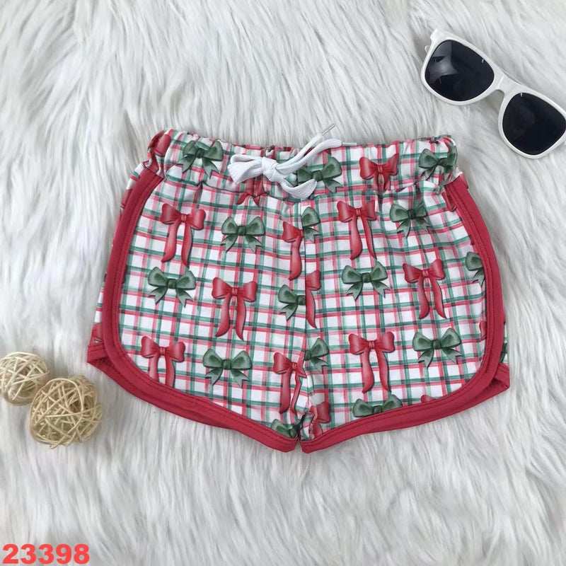 New Pink Green Plaid Bow Print Summer Cute Milk Silk Sports Shorts - Image 2