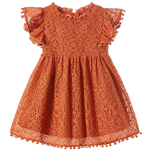Niyage Toddler Girls Elegant Lace Pom Pom Flutter Sleeve Party Princess Dress Brick Red 90 - Image 1