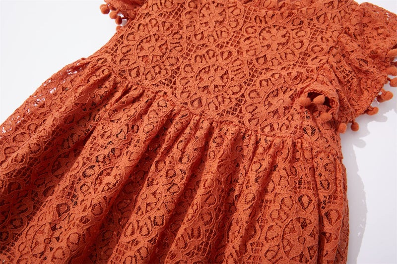 Niyage Toddler Girls Elegant Lace Pom Pom Flutter Sleeve Party Princess Dress Brick Red 90 - Image 4