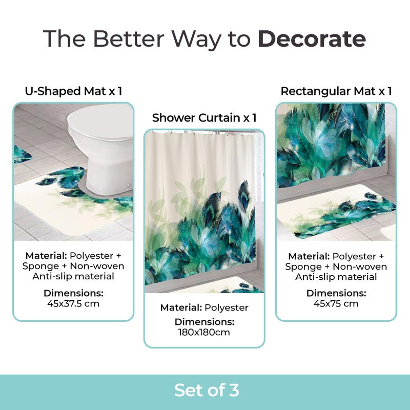 The Better Home Shower Curtain & Bathroom Mat Set (3pc) | 6 Ft Shower Curtains for Bathroom| U-Shaped Anti Skid Mat for Bathroom Floor | Non Slip Mat for Bathroom | Mold Resistant | Emerald Drift - Image 4