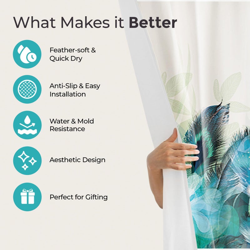 The Better Home Shower Curtain & Bathroom Mat Set (3pc) | 6 Ft Shower Curtains for Bathroom| U-Shaped Anti Skid Mat for Bathroom Floor | Non Slip Mat for Bathroom | Mold Resistant | Emerald Drift - Image 3