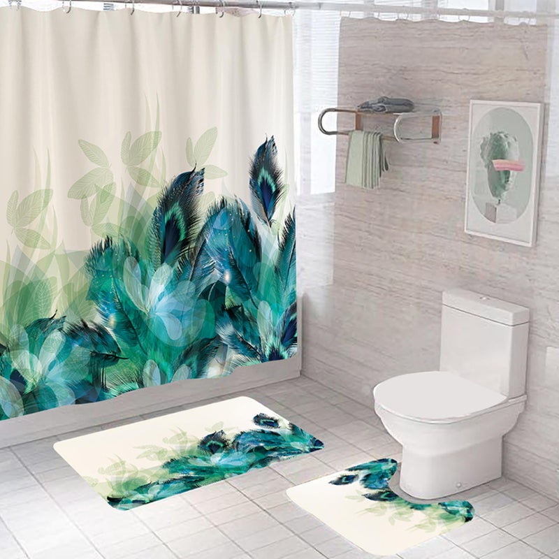 The Better Home Shower Curtain & Bathroom Mat Set (3pc) | 6 Ft Shower Curtains for Bathroom| U-Shaped Anti Skid Mat for Bathroom Floor | Non Slip Mat for Bathroom | Mold Resistant | Emerald Drift - Image 1