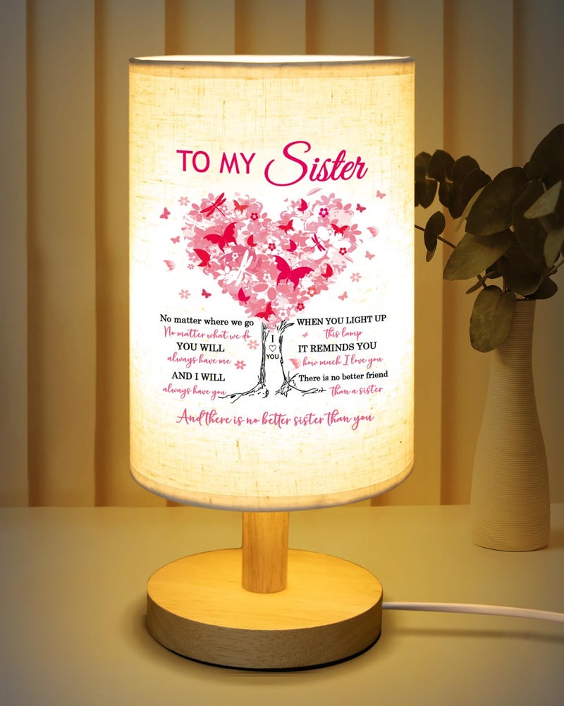 Calibron Sister Birthday Gifts, Gifts for Sisters Fabric Lamp, Sister's Gift from Sisters Table Lamp with Wooden Stand, Anniversary Wedding Gift for Sister - Image 1