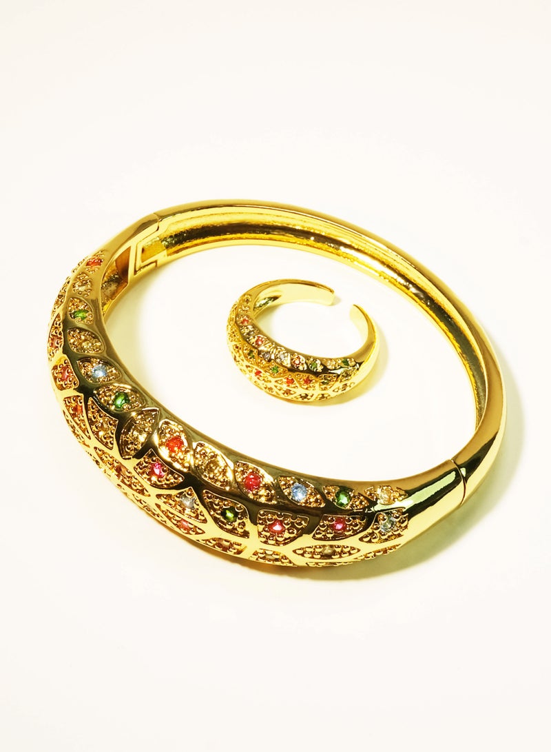 توينكسيل طقم مجوهرات من قطعتين: خاتم وسوار، مطلي بالذهب عيار 18 قيراطًا مرصع بالألماس، تصميم مفتوح قابل للتعديل يناسب جميع المقاسات، مجوهرات كلاسيكية للارتداء اليومي - Image 2