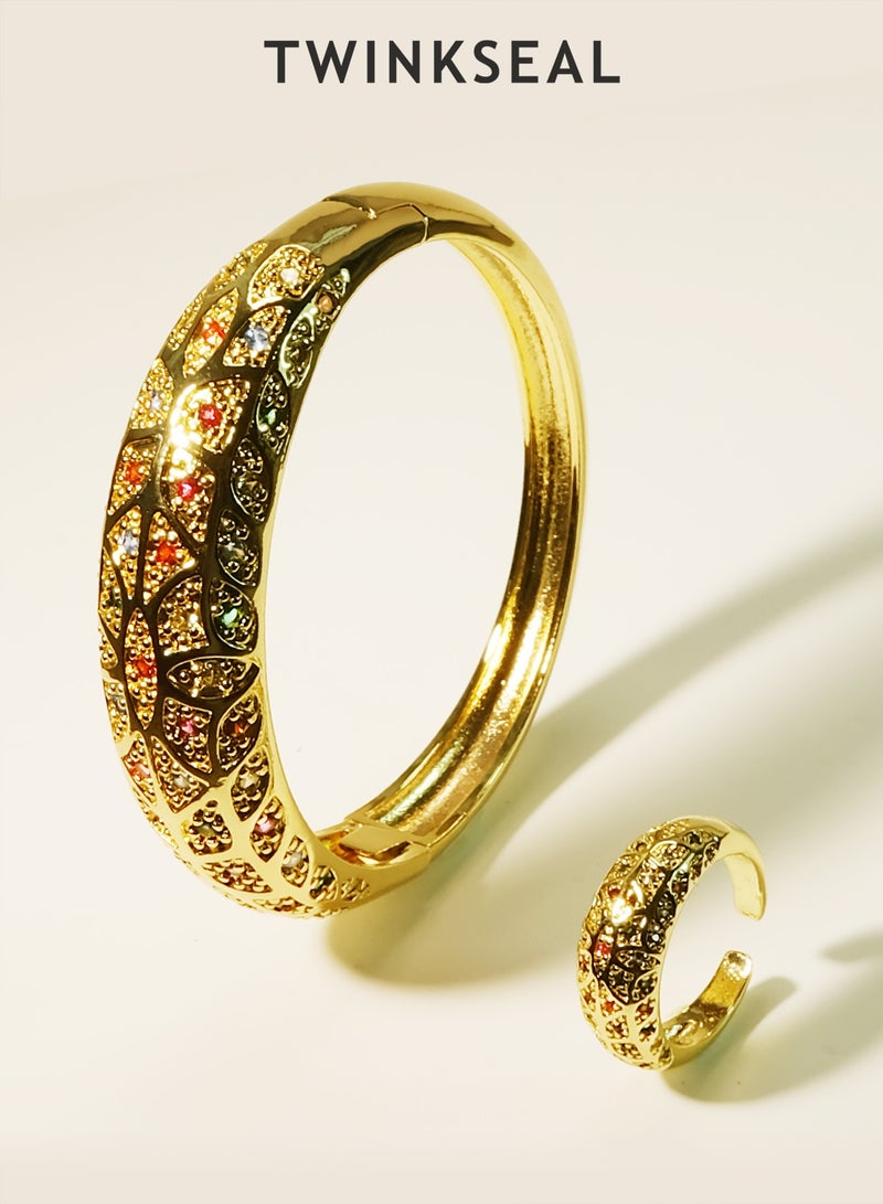 توينكسيل طقم مجوهرات من قطعتين: خاتم وسوار، مطلي بالذهب عيار 18 قيراطًا مرصع بالألماس، تصميم مفتوح قابل للتعديل يناسب جميع المقاسات، مجوهرات كلاسيكية للارتداء اليومي - Image 1