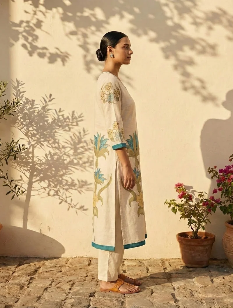 trueBrowns  trueBrowns Ivory Blue Floral Print V-Neck Kurta Pant Set  | Best Price UAE
