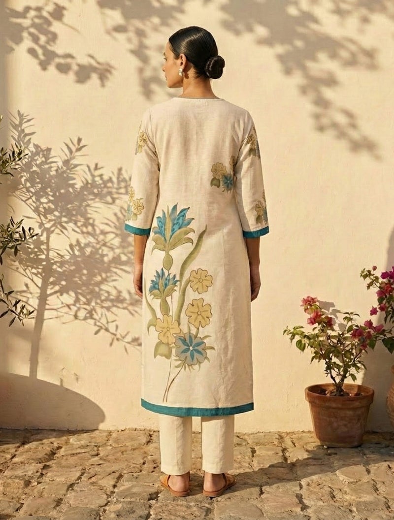 trueBrowns Ivory Blue Floral Print V-Neck Kurta Pant Set - Image 2