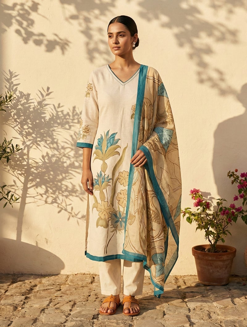 trueBrowns Ivory Blue Floral Print V-Neck Kurta Pant Set - Image 1