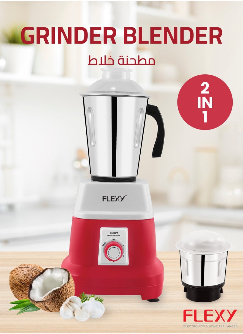 Flexy - FLEXY 2-in-1 Grinder Blender: 800W motor, stainless steel jars (1500ml & 300ml), 2 efficient blades, sturdy handles, spatula, 3-year warranty, Made in India. - Image 1