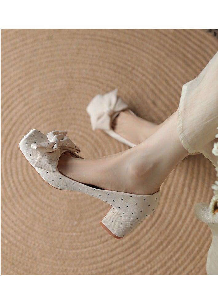 Loquat Silk Studded Diamond Bow Single Shoes - Image 1