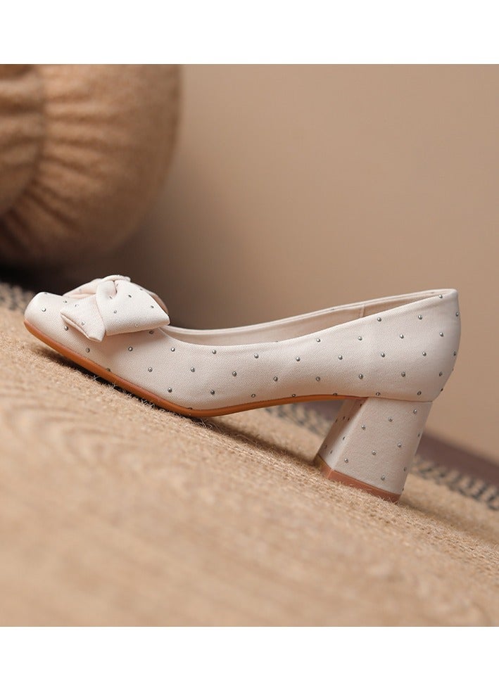 Loquat Silk Studded Diamond Bow Single Shoes - Image 2