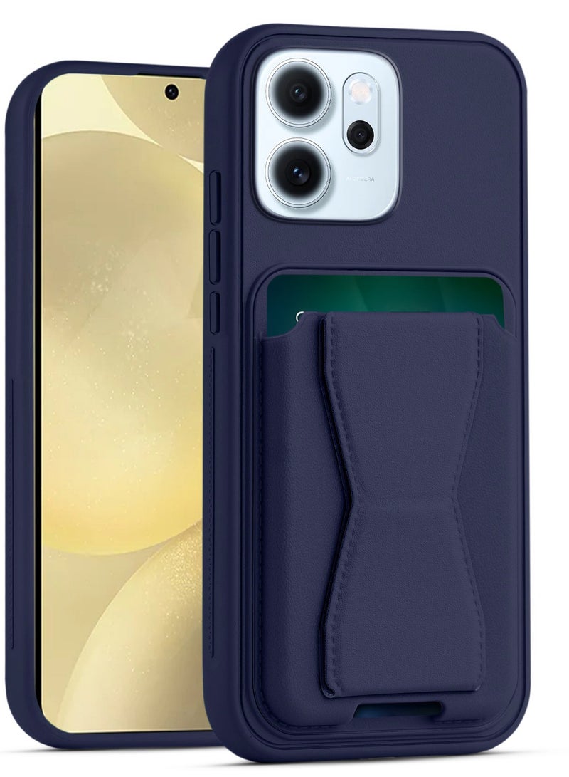 غطاء خلفي من الجلد مع محفظة بطاقات، جراب قابل للطي ومقاوم للصدمات، متوافق مع هاتف Oppo Reno 14F/Reno 15F (أزرق)