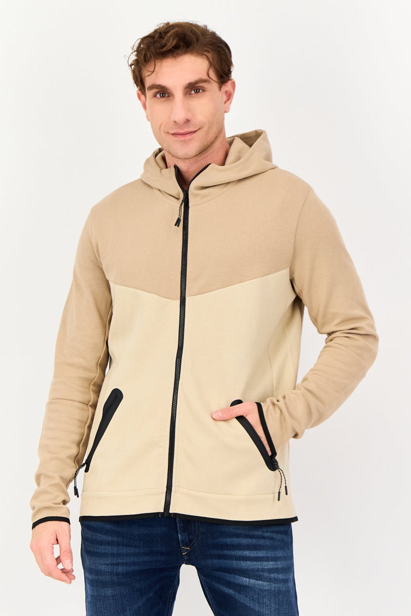 Celio Men Solid Long Sleeve Hooded Jacket, Taupe - Image 1