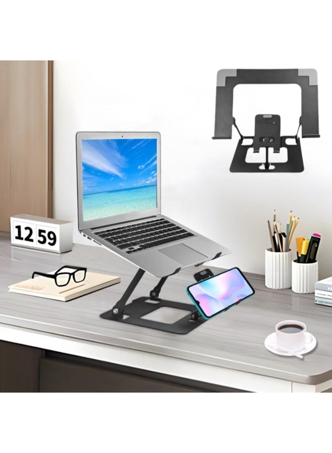 حامل لابتوب وهاتف مزدوج مريح – حامل ألومنيوم قابل للتعديل والطي مع فتحات تهوية – حامل محمول للمكتب – مناسب لأجهزة 10” إلى 17” والهواتف الذكية - Image 3