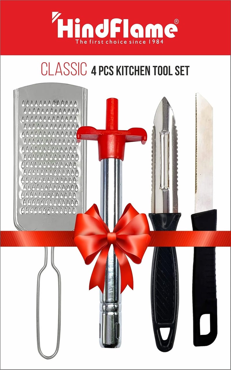 Hindflame Classic 4 in 1 Kitchen Tool Set Steel Lighter Knife Peeler Grater Multicolour - Image 1