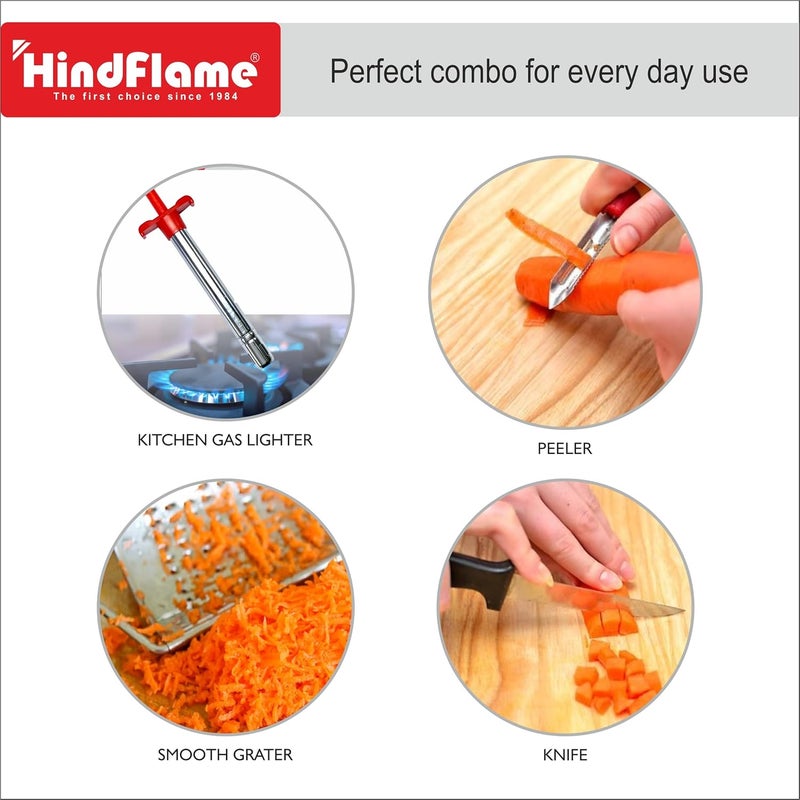 Hindflame Classic 4 in 1 Kitchen Tool Set Steel Lighter Knife Peeler Grater Multicolour - Image 4