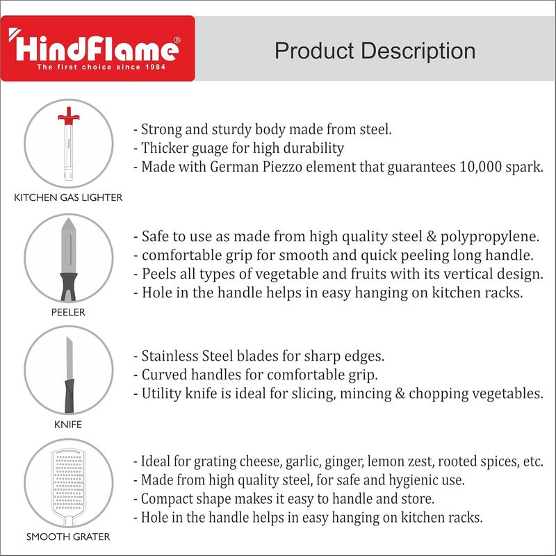 Hindflame Classic 4 in 1 Kitchen Tool Set Steel Lighter Knife Peeler Grater Multicolour - Image 3