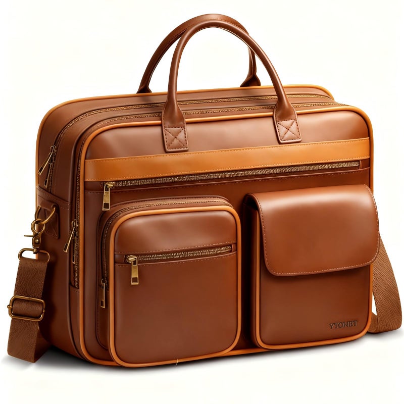 Ytonet PU Leather Messenger Bag for Men, 15.6" Vintage Briefcase with Padded Laptop Compartment, Large Satchel Bags Laptop Bag for Mens, Waterproof Computer Bags for Work Office Business Travel, Brown - Image 1