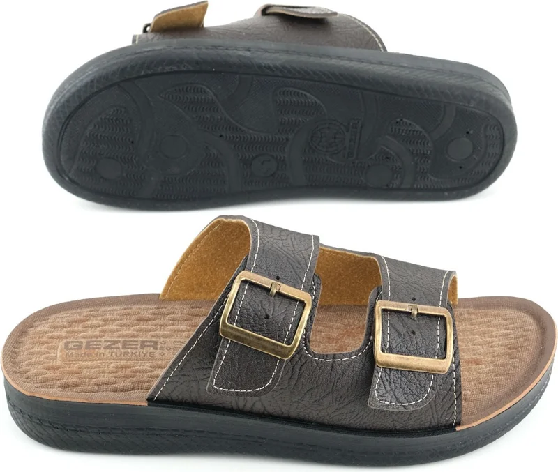 Gezer Summer Men's Artificial Leather Two Buckle Adjustable Comfortable Sole Daily Slippers