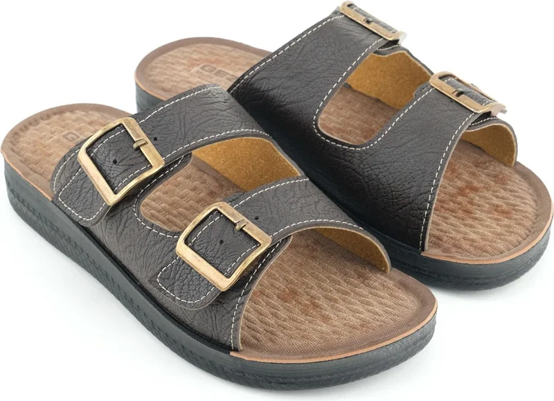 Gezer Summer Men's Artificial Leather Two Buckle Adjustable Comfortable Sole Daily Slippers
