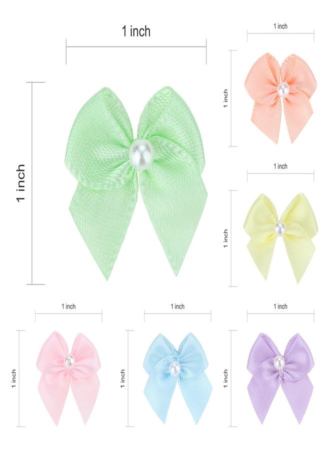 Meseey 60pcs Mini Pastel Rainbow Satin Ribbon Bows with Pearl 1 Inch Colored Craft Bows Flowers Appliques DIY Craft for Sewing, Scrapbooking, Wedding, Gift,Christmas Decoration (Pastel - Image 2