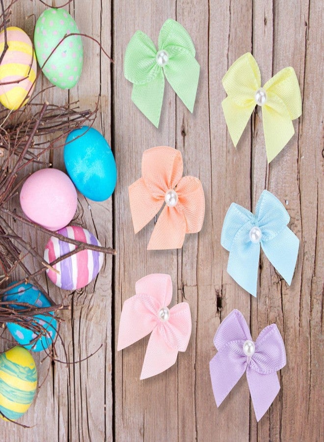 Meseey 60pcs Mini Pastel Rainbow Satin Ribbon Bows with Pearl 1 Inch Colored Craft Bows Flowers Appliques DIY Craft for Sewing, Scrapbooking, Wedding, Gift,Christmas Decoration (Pastel - Image 4