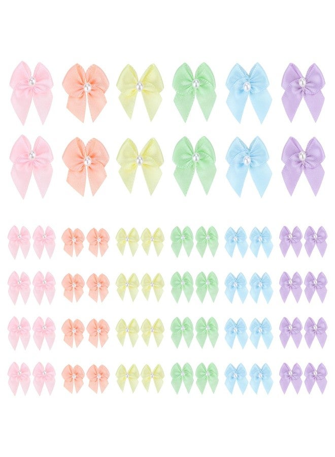 Meseey 60pcs Mini Pastel Rainbow Satin Ribbon Bows with Pearl 1 Inch Colored Craft Bows Flowers Appliques DIY Craft for Sewing, Scrapbooking, Wedding, Gift,Christmas Decoration (Pastel - Image 1