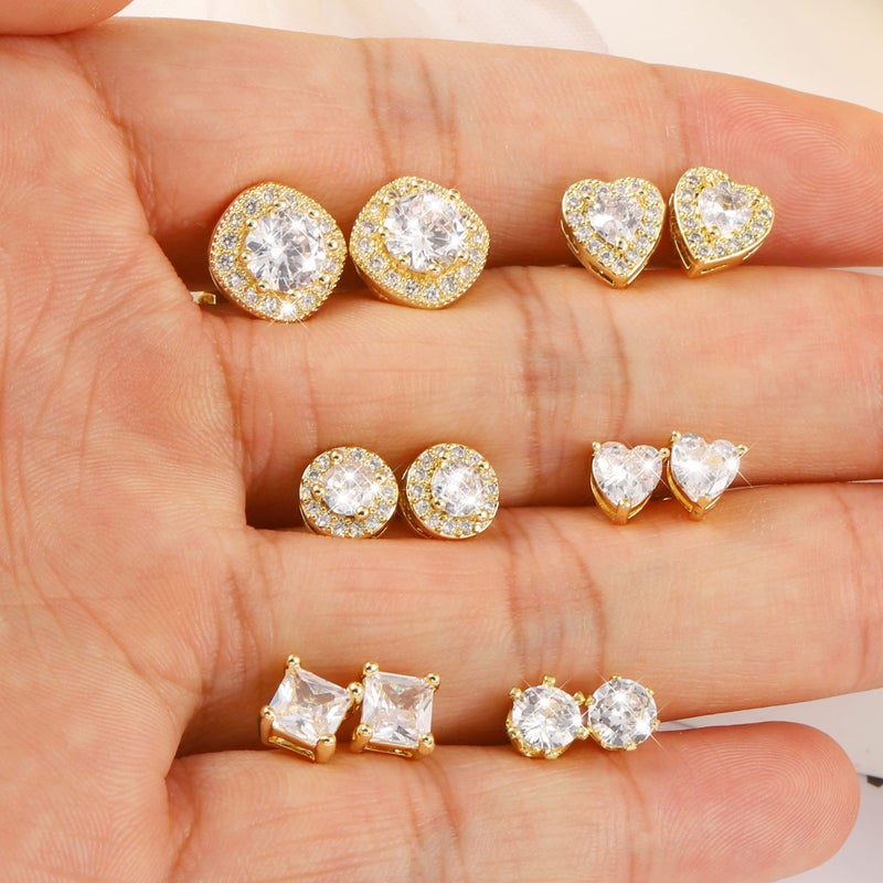 Alexcraft Gold Stud Earrings For Women  Sterling Silver Cubic Zirconia Halo Stud Earring Set Round Heart Square Diamond Studs Valentines Earing Pack  6 Pairs - Image 5