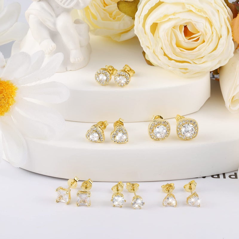 Alexcraft Gold Stud Earrings For Women  Sterling Silver Cubic Zirconia Halo Stud Earring Set Round Heart Square Diamond Studs Valentines Earing Pack  6 Pairs - Image 2
