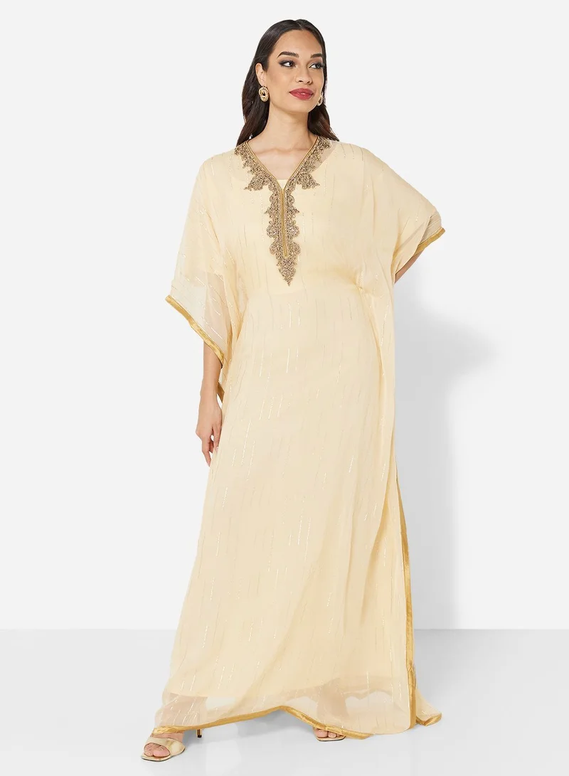 HANA & SARA SHINY CHIFFON FABRIC WITH GOLD CRYSTAL STONE BEADING FARASHA JALABIYA
