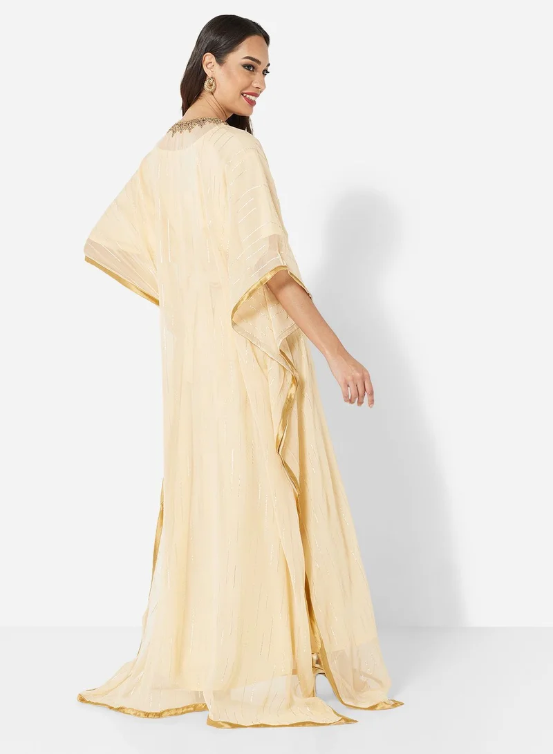 HANA & SARA SHINY CHIFFON FABRIC WITH GOLD CRYSTAL STONE BEADING FARASHA JALABIYA