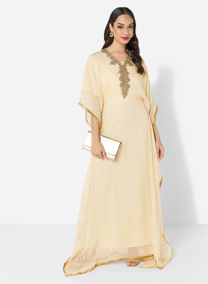 HANA & SARA SHINY CHIFFON FABRIC WITH GOLD CRYSTAL STONE BEADING FARASHA JALABIYA