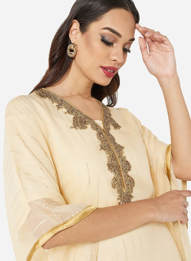 HANA & SARA SHINY CHIFFON FABRIC WITH GOLD CRYSTAL STONE BEADING FARASHA JALABIYA
